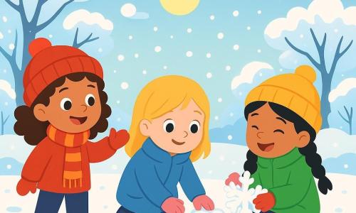 Er zijn 3 personages: - Noor: een 6-jarig meisje met bruin, krullend haar, die een helderrood muts en een gestreepte sjaal draagt. Ze staat links, glimlachend, en wijst naar de bomen. - Sara: een 5-jarig meisje met blond, steil haar, dat een blauwe jas en roze handschoenen draagt. Ze staat in het midden en raakt nieuwsgierig de sneeuw aan. - Lila: een 6-jarig meisje met zwart, gevlochten haar, die een gele muts en een groene jas draagt. Ze zit rechts op een kleine hoop sneeuw en vormt een sneeuwster. De locatie is een charmante wintertuin, bedekt met glinsterende sneeuw die de grond en de takken van de bomen bedekt. De lucht is helderblauw met donzige witte wolken, en de zon gaat onder aan de horizon, waardoor een gouden licht op de scène valt. De situatie toont de drie meisjes die plezier hebben met het maken van een sneeuwster, lachend en spelend samen, omringd door zacht vallende sneeuwvlokken. De afdrukken van hun kleine voetstappen zijn zichtbaar in de sneeuw, wat een vleugje magie aan dit blije moment toevoegt.