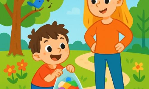 Un ragazzino di 4 anni, di nome Luca, con capelli castani disordinati, un grande sorriso gioioso e occhi scintillanti di eccitazione, è accovacciato per terra nel parco, tenendo un sacchetto di plastica trasparente pieno di rifiuti colorati. Accanto a lui, sua madre, una donna di circa trent'anni con capelli lunghi e biondi, indossa una camicia leggera e sorride con orgoglio incoraggiandolo. Il parco è verdeggiante, pieno di alberi maestosi con foglie brillanti e fiori colorati che danzano nella brezza. Gli uccelli cantano tra i rami e un sentiero di ghiaia si snoda attraverso l'erba fresca. Luca e sua madre stanno raccogliendo rifiuti, trasformando il parco in un luogo pulito e gioioso. Carta accartocciata e bottiglie di plastica sono sparse intorno a loro, mentre il sole brilla, illuminando la loro missione ecologica con una luce calda.