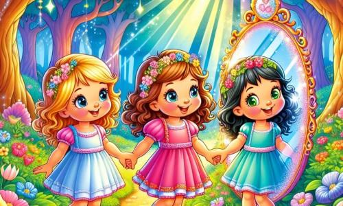 In un magnifico bosco incantato, tre bambine di quattro anni si tengono per mano. Anna, con i capelli castani ricci e gli occhi scintillanti, guarda con meraviglia un grande specchio magico che brilla al centro della scena. Alla sua sinistra, Bianca, con i capelli biondi e lisci, indossa un vestito rosa e sorride felice osservando il suo riflesso. A destra, Chiara, con capelli neri e occhi verdi, indossa un vestito blu e sembra affascinata dai colori che danzano intorno a loro. Il luogo è un bosco lussureggiante, pieno di alberi maestosi, fiori dai colori vivaci e un dolce raggio di sole che filtra tra i rami. Il terreno è coperto di fiori multicolori e morbida muschio, creando un'atmosfera magica e serena. Le tre amiche scoprono lo specchio incantato che riflette non solo la loro immagine, ma anche i loro sogni più cari, meravigliandosi insieme, realizzando che l'amicizia e l'immaginazione possono trasformare i loro desideri in realtà.