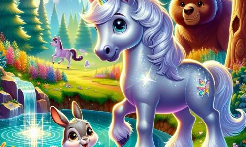 Un magnifico cavallo argentato di nome Stellino, con un manto lucente e occhi scintillanti, si trova accanto a una fonte luminosa in una foresta incantata. Mostra un'espressione di determinazione e gioia, pronto a risvegliare la magia del suo ambiente. Accanto a lui, Lila, la piccola coniglietta dalle grandi orecchie e occhi pieni di curiosità, salta gioiosamente, mentre Toby, l'imponente orso bruno, si trova dietro di loro con uno sguardo protettivo e benevolo. La scena si svolge in un'area verdeggiante, circondata da alberi maestosi con foglie scintillanti e fiori colorati che danzano nella leggera brezza. Al centro, la fonte brilla come un diamante, emettendo una luce dolce e calda, mentre Stellino e i suoi amici uniscono le forze per ravvivare la magia della foresta.