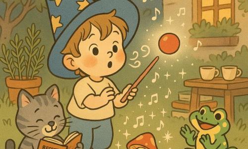 Un piccolo apprendista stregone ragazzo, Nino, 3 anni, con un grande cappello blu a stelle troppo grande, capelli castano chiaro a ciocche, occhi sgranati e ampio sorriso, soffia dolcemente facendo tre respiri e agita una bacchetta rosa pallido verso una palla rossa che fluttua; la rana Pippa, femmina, verde brillante con piccole macchie gialle, è seduta su una foglia di ninfea a destra di Nino e applaude saltellando con occhi maliziosi; il gatto Mammolo, maschio, pelo grigio striato e baffi ricci, tiene un piccolo libro di ricette magiche ed è seduto a sinistra di Nino, incurvato, contento e attento; un piccolo fungo danzante con volto sorridente gira intorno alla palla lasciando una scia di brillantini bianchi; lo scenario è un giardino cottage serale con erbe aromatiche in vaso, prato morbido, tazze di tisana su un tavolo di legno, libri impilati e una ghirlanda di lanterne gialle sospesa; la palla rossa si solleva lentamente con note musicali e brillantini fluttuanti, luce calda e colori pastello, atmosfera incantata, divertente e calma.