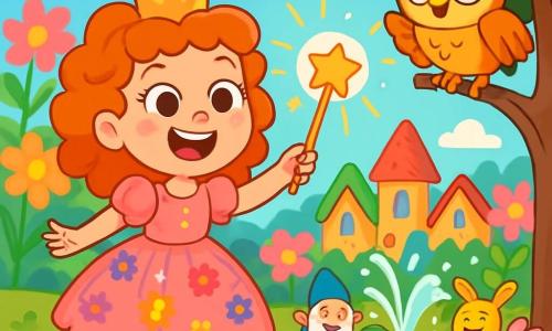 La principessa Lillibet, una giovane con capelli ricci rossi e occhi scintillanti di malizia, si trova al bordo di un laghetto scintillante, un grande sorriso gioioso illumina il suo volto. Indossa un abito di tulle rosa punteggiato di piccoli fiori colorati e agita una bacchetta magica che brilla di mille luci. Accanto a lei, Rufus, un gufo dalle piume dorate e grandi occhi rotondi, è posato su un ramo, osservando la scena con curiosità. Sembra divertito, con le ali leggermente spiegate, pronto a volare. Sullo sfondo, il villaggio di Florilù si estende con case di caramelle dai colori vivaci, circondato da fiori giganti che danzano sotto la leggera brezza. Il cielo è di un blu splendente, punteggiato di nuvole soffici. La scena principale mostra Lillibet e Rufus circondati da una folla gioiosa di creature magiche, che ridono mentre l'acqua inizia a zampillare nel laghetto, creando un'atmosfera festosa e incantata.