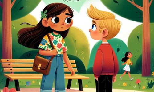 Una niña de 10 años, llamada María, está en el centro de la imagen, con largos cabellos castaños y ojos llenos de curiosidad. Lleva una camiseta colorida con estampados de flores y un short de mezclilla, mostrando una expresión de preocupación y compasión mientras mira a su amigo Lucas. Lucas, un niño de 10 años con cabello rubio y ojos azules, está un poco apartado, con una postura dudosa. Lleva un sudadera roja y pantalones negros, mirando al suelo, algo avergonzado, como si estuviera reflexionando sobre sus historias. El escenario es un parque soleado, con árboles verdes y flores coloridas alrededor. Un banco de madera es visible al lado, y niños juegan a lo lejos, creando una atmósfera alegre y amistosa. La situación principal muestra a María hablando con Lucas, explicándole la importancia de la honestidad y la confianza, mientras una suave brisa mueve las hojas de los árboles, simbolizando el cambio y la comprensión.