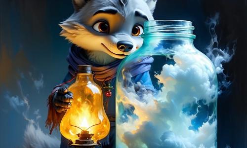 Die Hauptfigur ist ein kleiner anthropomorpher Wolf mit weichem grauem Fell, runden Ohren und ausdrucksvollem, ernsten Gesicht mit glänzenden haselnussbraunen Augen; er hält eine gelb-orange Öllampe, die sein Gesicht beleuchtet, und stellt eine große Glasflasche mit einem wirbelnden, dünnen weiß-blauen Nebel auf den Rand eines alten moosbewachsenen Steinbrunnens in einer nächtlichen Lichtung; im Glas ist der Nebel personifiziert als kleine durchsichtige Wolke mit unscharfen Konturen, blassblauen und grauen Tönen und melancholisch-erleichtertem Blick, die gegen den Deckel drückt; eine Messingglocke an einer zitternden Schnur hängt in den Brunnen und funkelt als warmer Lichtpunkt im Kontrast zur Kälte; der Wolf öffnet den Deckel leicht, während die Glocke gerade herabgelassen wird; starke Gegenüberstellung warmes Lampenlicht versus kalte Nebelreflexe, gespannte aber ruhige Stimmung, zentrierte Komposition, texturierte Pinselstriche und scharfe Konturen bei den Figuren.
