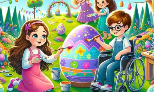 In un giardino magico pieno di uova colorate, ci sono tre personaggi principali: Luna, una ragazza di 8 anni con lunghi capelli castani e un vestito rosa, è accovacciata mentre dipinge un grande uovo con colori vivaci; Leo, un ragazzo di 9 anni con occhiali e capelli biondi, è seduto sulla sua sedia a rotelle, sorridente e pronto ad aiutare Luna; Mia, una ragazza di 7 anni con capelli ricci e un vestito blu, sta in piedi accanto a Luna mostrando un uovo viola che ha appena decorato. Il giardino è pieno di fiori brillanti, grandi alberi con foglie verdi e uova di tutti i colori nascoste tra l'erba. Il sole splende in un cielo azzurro, creando un'atmosfera gioiosa e festosa. La scena principale mostra i tre amici mentre creano insieme un grande uovo magico, circondati da risate e colori, mentre un coniglietto magico li osserva con un sorriso divertito.