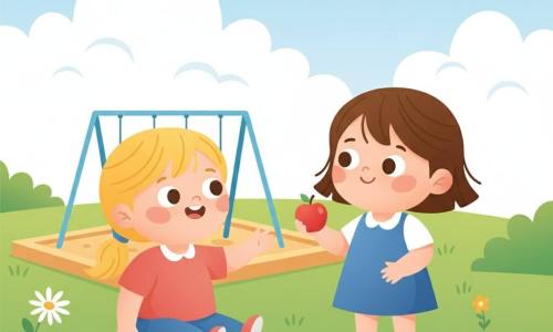 Ci sono due bambine di circa 2 anni: Olivia, bionda con codini, viso rotondo e guance rosate, seduta sull'erba a sinistra che sorride e porge la mano destra; Sofia, bruna a capelli corti, occhi grandi, in piedi a destra che tiene una piccola palla rossa e sorride a Olivia. Ambientazione: parco diurno con erba verde, qualche fiore giallo e margherite, un'area sabbiosa con un'altalena blu sullo sfondo e cielo sereno con nuvole soffici. Situazione: giocano insieme vicino al sabbiera, Sofia offre la palla a Olivia; scena tenera e semplice, colori morbidi, forme arrotondate, composizione centrata sulle due bambine.