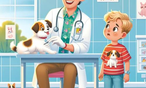 Un veterinar pe nume Dr. Andrei se află în centrul imaginii, zâmbind călduros. Are părul brun, ușor creț și poartă un halat alb cu modele colorate de animale. Este aplecat peste o masă de consultație, îngrijind un cățel alb numit Max, care pare puțin îngrijorat, dar curios. Lângă el, un băiat de 8 ani pe nume Radu, cu părul blond și ochi strălucitori, observă atent. Poartă un tricou roșu cu un desen de câine și blugi. Radu stă în picioare, cu mâinile pe șolduri, arătându-și entuziasmul pentru munca veterinarului. Scena se desfășoară într-o clinică veterinară luminoasă și primitoare, cu pereți vopsiți în albastru deschis, postere colorate cu animale fericite și jucării pentru animale împrăștiate pe podea. O fereastră lasă să intre lumina soarelui, iluminând spațiul. Dr. Andrei curăță cu grijă laba lui Max, în timp ce Radu, fascinat, învață cum să aibă grijă de animale. Atmosfera este veselă și plină de compasiune, ilustrând dragostea și devotamentul veterinarului pentru micii săi pacienți.