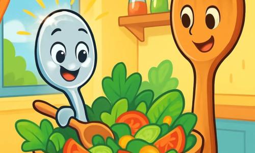 A small metal spoon named Sammy shines in the sunlight, with a joyful smile and sparkling eyes. It has a shorter handle than the other, making it unique, and is mixing a large, colorful salad in a wooden bowl, surrounded by crunchy green leaves and vibrant vegetables. Next to him, a large serving spoon, Sally, encourages him with a warm smile. She is wooden, with a beautiful smooth finish, and her expression is full of pride and friendship. The scene takes place in a bright and welcoming kitchen, with pastel yellow walls, shelves filled with colorful spice jars, and an open window letting in daylight. Sammy, with his special handle, uses his talent to mix the salad, showing that he can achieve great things despite his difference.