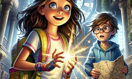 In the foreground, a 12-year-old girl, Mira, with long brown hair and sparkling curious eyes, stands with her face lit by a mix of excitement and determination. She wears a colorful t-shirt and jeans, with a vibrant backpack on her shoulders, and she holds a small glowing device, the Fizzler, which emits bursts of light around her. Next to her is Leo, a 12-year-old boy with round glasses and messy hair, looking around with a mix of wonder and slight concern. He wears a blue hoodie and jeans, holding a scribbled map in his hand, leaning slightly towards Mira to speak to her. In the background, the setting is the Old Clock Tower, a majestic stone structure covered in ivy, with cracked clocks and visible gears inside. Sunlight filters through broken windows, creating a mysterious play of shadows and light. The main scene shows Mira and Leo in a moment of tension as they face Malakar, a dark and menacing figure standing in the center of the room, surrounded by swirling darkness. The atmosphere is magical and thrilling, with bursts of light emanating from Mira's Fizzler, illuminating the determined face of the girl and the worried gaze of her friend.