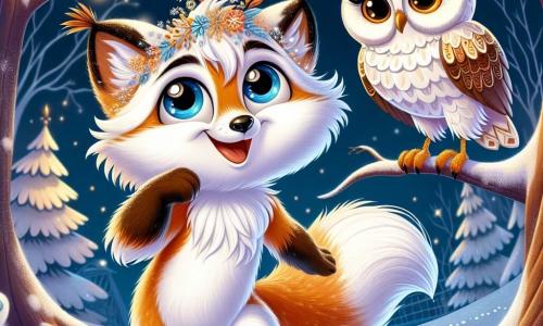 A young fox named Snowy, with bright white fur and curious eyes, joyfully dances in the snow, his light paws leaving delicate prints behind him. Nearby, a wise owl, Wiseheart, with brown and golden feathers, watches with a kind smile from a tree branch, her eyes sparkling with pride and admiration for the young fox. The scene takes place in an enchanting village, illuminated by twinkling lanterns, where snowflakes gently fall, covering the ground with a sparkling white blanket. Trees are adorned with colorful garlands, and the air is filled with laughter and joyful music. Excited, Snowy has just seen the mysterious Spirit of Winter dance under the moon, creating a magical and fairy-tale atmosphere around him.