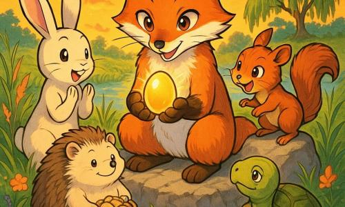 An anthropomorphic fox with bright red fur and white markings, mischievous yet gentle eyes, smiling and seated on a rock holding a glowing golden egg; his friends — Jun the long-eared cream rabbit clapping to his left, Pip the small energetic hazel squirrel perched on a stone to his right tilting toward the egg, Marnie the round soft‑spined hedgehog sitting in front holding a small basket of cookies, and Lolo the calm olive‑shelled turtle near the rock’s edge — celebrate the end of an egg hunt on a grassy hilltop at sunset with tall green grass, colorful wildflowers, a distant shimmering pond and weeping willow, arranged in a circular composition bathed in warm golden light, joyful and peaceful, bright manga style with soft lines, saturated colors and visible textures.
