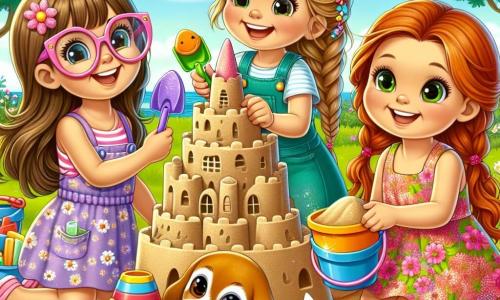 Trei fetițe, Lola, Mia și Tia, construiesc un mare castel de nisip într-un parc însorit. Lola, o fetiță de 7 ani cu părul lung și brunet și ochelari roz, zâmbește ținând o lopată colorată. Lângă ea, Mia, o fetiță de 6 ani cu părul blond împletit și o rochie cu flori, adaugă scoici în vârful castelului. Tia, o fetiță de 7 ani cu părul roșu și ochelari de soare, se apleacă umplând o găleată cu nisip. În spatele lor, un cățel mic, Dodo, un adorabil beagle cu urechi mari, aleargă vesel în jurul castelului, cu limba scoasă și o minge colorată în gură. Parcul este verde, cu copaci înfloriți și fluturi zburând în aer. Cerul este albastru cu câteva nori albi pufoși. Fetele râd și se distrează, încercând să construiască cel mai înalt castel de nisip posibil, provocându-se și încurajându-se reciproc.