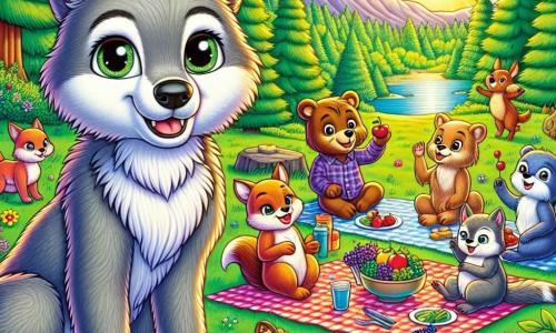 Un pequeño lobo gris con un pelaje suave y sedoso, con grandes ojos brillantes de curiosidad, está de pie en una colina verde, sonriendo cálidamente. Mira con entusiasmo a un grupo de animales reunidos alrededor de un gran picnic colorido. Un oso marrón con pelaje brillante, con ojos suaves y amigables, está sentado en la hierba, riendo alegremente mientras comparte bayas con los demás animales. Una pequeña ardilla de ojos chispeantes y pelaje rojizo, posada sobre una piedra, levanta la pata para brindar, mostrando una expresión de felicidad y aceptación. El lugar es un claro soleado del Bosque Verde, rodeado de grandes árboles majestuosos con hojas verdes vibrantes, y flores silvestres coloridas que bailan con el viento. Un gran mantel de picnic está extendido sobre la hierba, lleno de frutas y delicias, mientras el cielo se ilumina con tonos dorados al atardecer. La situación principal muestra a los animales celebrando su amistad y diversidad, compartiendo risas e historias, ilustrando el tema de la tolerancia y aceptación en un ambiente alegre y colorido.