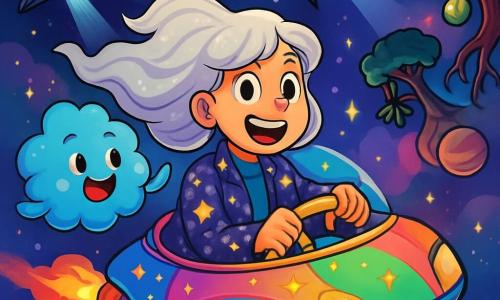 A young girl, Captain Luna Starborn, with silver hair flowing like clouds, wears a sparkling jacket adorned with shining stars. She has a big, enthusiastic smile and firmly holds the controls of her spaceship, the Sparkle Ship, which glows with bright colors. Beside her, a blue cloud named Stardust, with sparkling eyes and a round shape, joyfully floats, laughing and swirling around her. The setting is a starry sky, filled with colorful nebulae and floating planets, with floating trees and tangled roots bearing glowing fruits that shimmer in the dark. The main scene shows Luna and Stardust escaping dark spaceships from the Iron Order, which are trying to catch them with light beams, while Luna skillfully maneuvers her ship, laughing at the adventure.