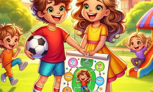 There are two main characters: Max, an 8-year-old boy with curly brown hair, wearing a red t-shirt and blue shorts, smiling joyfully while holding a soccer ball. Next to him is Lily, an 8-year-old girl with long wavy blonde hair, dressed in a bright yellow dress, laughing and raising her arms in the air as if she just scored a goal. They are in a sunny park filled with greenery, with majestic trees and colorful flowers dancing in the breeze. In the background, a slide and children playing on swings create a joyful and lively atmosphere. The main scene shows Max and Lily enthusiastically discussing while holding a large sheet of colorful paper on which they have drawn their 