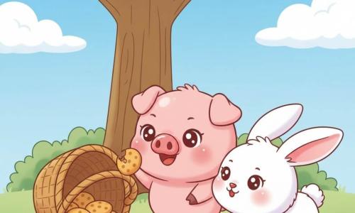 A chubby pink piglet with a shiny snout and mischievous smile sniffing cookie crumbs with one hoof raised, a white floppy-eared rabbit hopping beside it toward the trail of crumbs, an overturned wicker basket with golden round cookies and scattered crumbs, a large brown-trunk tree, soft green grass and colorful flowers under a light blue sky with fluffy clouds, cheerful bright scene focused on the two animals by the basket.