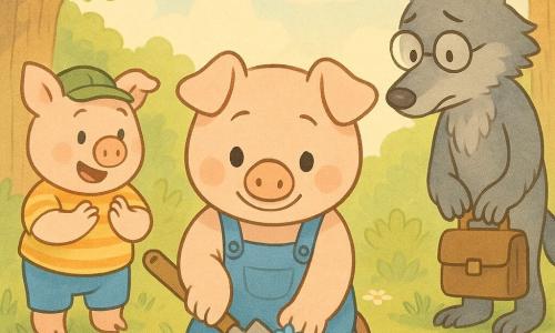Einer der drei kleinen Schweine — Flauschi — in der Mitte, rundes Gesicht und rosa Wangen, sanfter Ausdruck, große glänzende Augen, kleine blaue Latzhose, hält eine Holzschaufel und pflanzt blaue Blumen; der Wolf rechts, weniger bedrohlich, weiches graues Fell, runde Brille und braune Aktentasche, schaut schüchtern auf die Blumen; links die anderen Schweine Brummer (gestreiftes gelbes Hemd, klatschend) und Grunzer (grüne Schirmmütze, lächelnd, mit Gießkanne) bilden einen freundlichen Halbkreis um Flauschi; Ort: sonnige Lichtung am Rande eines verzauberten Waldes mit grüner Wiese und Gänseblümchen, strukturierte Baumstämme und pastellhimmel; Szene: warmes Gemeinschaftsmoment, alle pflanzen zusammen einen Blumenbeet, sanfte Pastellfarben und warmes Sonnenlicht, Fokus auf den pflanzenden Händen und den lächelnden Gesichtern.