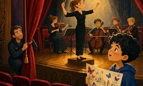 Mujer musicista de unos treinta años, coleta castaña clara y ojos verdes, sonrisa concentrada, marca el compás con la mano en alto en el escenario; niño de unos 10 años, cabello rizado negro, sostiene un dibujo de partitura con mariposas al borde del escenario a la derecha, mirada asombrada; técnico de unos 40 años, traje de trabajo oscuro, en cuclillas entre bambalinas a la izquierda tirando suavemente de una cuerda de cortina y sonriendo; teatro cálido con tablas de madera barnizada, cortinas rojas, lámparas doradas y butacas de terciopelo burdeos; la directora marca el compás, el público en la penumbra, un rayo de luz ilumina los rostros de los músicos y el dibujo del niño, ambiente suave, tonos cálidos y texturas tipo gouache.