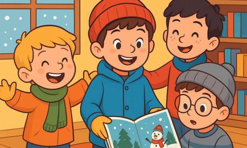 Hay 4 niños: - Diego: un niño de 8 años, con cabello castaño y ojos brillantes. Lleva un abrigo azul brillante, un gorro rojo y guantes amarillos. Está en el centro, sonriendo, sosteniendo un libro sobre el invierno. - Álvaro: un niño de 8 años, con cabello rubio y una gran sonrisa. Viste una bufanda verde y un abrigo naranja. Está a la izquierda de Diego, haciendo un gesto de alegría con los brazos abiertos. - Mateo: un niño de 8 años, con cabello castaño y gafas. Lleva un suéter a rayas y un gorro gris. Está a la derecha de Diego, leyendo el libro con una expresión curiosa. - Raúl: un niño de 8 años, con cabello negro y pecas. Lleva un abrigo rojo y una bufanda azul. Está detrás de Diego, haciendo un gesto de camaradería, como si animara a los demás. El lugar es un aula acogedora, con paredes pintadas de amarillo claro. Grandes ventanas dejan entrar la suave luz del invierno, iluminando los copos de nieve que caen afuera. Hay libros coloridos en estanterías de madera y una gran alfombra suave en el suelo. La situación principal muestra a los niños reunidos alrededor de un libro sobre el invierno, riendo y compartiendo ideas sobre sus juegos de invierno favoritos. Están rodeados de decoraciones invernales, como copos de nieve de papel colgados del techo, creando un ambiente alegre y amigable.