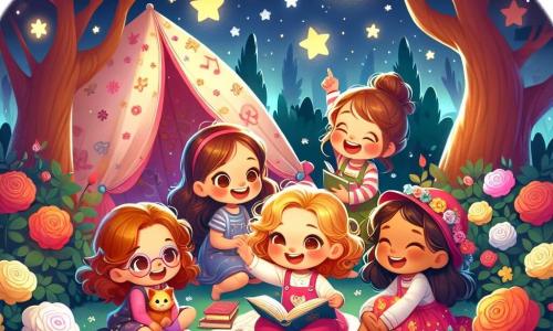 In un giardino magico, quattro bambine sono riunite. **Giorgia**, una bambina di cinque anni con capelli ricci e dorati, è seduta al centro, sorridente, con un libro illustrato in mano. Alla sua destra, **Marta**, una bambina di cinque anni con occhiali rosa e capelli castani, ride gioiosamente indicando una stella brillante nel cielo. A sinistra, **Anna**, una bambina di cinque anni con capelli lisci e castani, guarda con meraviglia le stelle, gli occhi spalancati. Infine, **Sofia**, una bambina di cinque anni con capelli neri e un abbigliamento colorato, è in piedi, pronta a saltare di gioia, con le braccia alzate verso il cielo stellato. Il giardino è illuminato dalla dolce luce della luna, con rose colorate e una grande quercia maestosa che offre un'ombra rassicurante. Il cielo è punteggiato di stelle scintillanti, creando un'atmosfera magica e pacifica. Le bambine condividono storie sotto una tenda fatta di coperte, circondate dal dolce mormorio della notte, scoprendo insieme la bellezza del buio e imparando a superare la loro paura del buio.