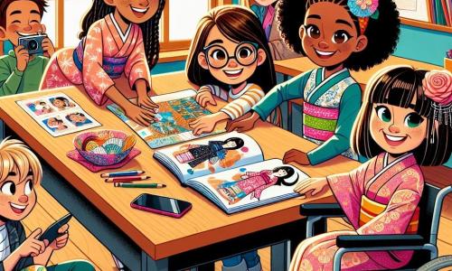 Em uma sala de aula colorida, quatro meninas estão reunidas em torno de uma grande mesa de madeira. Clara, uma menina de 10 anos com cabelos castanhos e óculos, mostra um livro ilustrado sobre o Japão, sorridente e entusiasmada. À sua direita, Sofia, uma menina de 10 anos com cabelos loiros e cacheados, desenha padrões de quimono em uma folha de papel, concentrada e feliz. À esquerda, Aisha, uma menina de 10 anos de origem afro-americana com tranças, segura um quimono colorido e explica às amigas a importância das tradições japonesas. Por fim, Letícia, uma menina de 10 anos com cabelos lisos e negros, sentada em sua cadeira de rodas elétrica, filma a cena com seu smartphone, radiante e cheia de energia. A sala de aula é decorada com pôsteres representando diferentes culturas, com mapas do mundo pendurados nas paredes e plantas verdes nas janelas, criando uma atmosfera acolhedora. As meninas preparam seu projeto sobre a cultura japonesa, trocando ideias e risadas, enquanto vestem quimonos coloridos e se preparam para dançar, ilustrando a importância da diversidade e da amizade.
