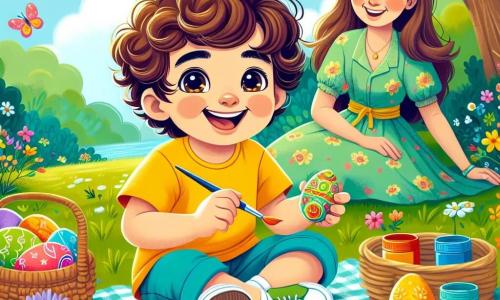 Un bambino di 4 anni, di nome Luca, è seduto sull'erba verde del giardino, con un grande sorriso sul viso. Ha capelli castani e ricci, indossa una maglietta gialla e pantaloni corti blu, e tiene in mano una tavolozza di colori. Accanto a lui, sua madre, una donna di circa 30 anni con capelli lunghi e castani, lo osserva con orgoglio. Indossa un vestito leggero a fiori ed è seduta su una coperta da picnic, circondata da barattoli di vernice. Il giardino è pieno di fiori colorati e farfalle volano intorno, con un grande albero sullo sfondo. Uova di Pasqua decorate sono sparse sull'erba, alcune brillano al sole. Luca sta dipingendo uova con motivi gioiosi, mentre sua madre lo incoraggia, creando un'atmosfera festosa per la Pasqua.