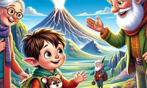 In een magisch landschap van IJsland staat een vierjarig jongetje, Luca, met kastanjebruin haar en nieuwsgierige ogen in het midden, terwijl hij zijn teddybeer, Benny, tegen zich aan drukt. Links van hem staat zijn grootmoeder, een glimlachende vrouw met zilvergrijs haar en een bril, die een kleurrijke sjaal draagt en met verwondering naar de scène kijkt. Rechts van hem wijst zijn grootvader, een oude man met een witte baard en een vilten hoed, met een trotse glimlach naar de grote vulkaan die in de verte rookt.

De omgeving is spectaculair: groene bergen rijzen op onder een stralende blauwe lucht, terwijl een grote vulkaan zachtjes witte rook uitspuwt, omringd door kleurrijke bloemen en glinsterende stenen.

De belangrijkste situatie toont Luca, verwonderd, terwijl hij praat met een klein elfje, een magisch wezen met puntige oren en sprankelende ogen, die hem met de hand uitnodigt voor een avontuur. De twee personages zijn omringd door een betoverende sfeer, vol levendige kleuren en licht, wat de magie van ontdekking symboliseert.