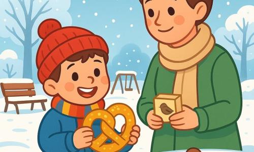 Un băiețel de 4 ani, pe nume Matei, cu părul brun și obrașe roz, zâmbește bucuros în timp ce ține un covrig mare și auriu în mâinile sale mici. Poartă o geacă groasă albastră, o căciulă roșie și o eșarfă în dungi, iar ochii îi strălucesc de excitație. Lângă el, mama sa, o femeie de aproximativ 30 de ani cu părul șaten prins în coc, poartă un palton verde și o eșarfă bej. Ea zâmbește cu blândețe privindu-l pe fiul ei, ținând o cutie mică de semințe pentru păsări. Decorul este un parc de iarnă, cu copaci acoperiți de zăpadă strălucitoare, un cer albastru deschis și fulgi de zăpadă care cad ușor. Băncile din lemn sunt acoperite cu un strat gros de zăpadă, iar urmele de pași duc la o mică zonă de joacă. Scena principală arată cum Matei și mama sa hrănesc vrăbiile care ciugulesc bucuros semințele împrăștiate pe zăpadă, în timp ce covrigul auriu strălucește în mâna lui Matei, adăugând o notă de culoare vie ilustrației.