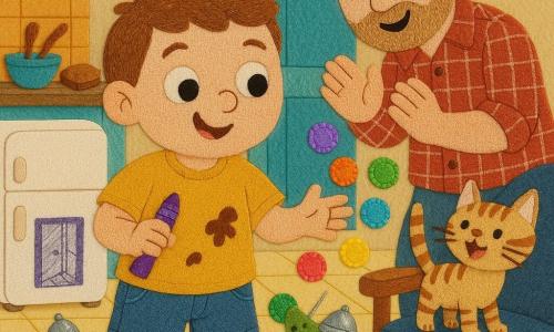 A 4‑year‑old boy, Milo, with a round, chubby face, big curious eyes and a mischievous smile wears a chocolate‑stained yellow T‑shirt and blue shorts, holds a purple glitter pencil in his right hand and reaches with the other to catch small luminous multicolored 
