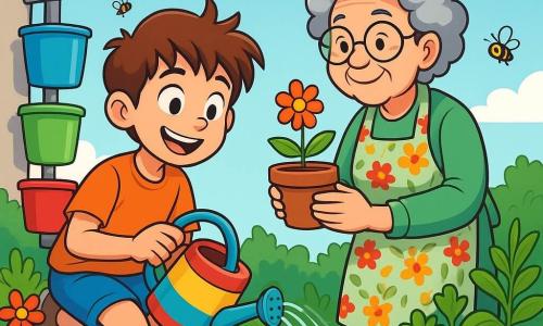 Um menino de 10 anos, Léo, com cabelos castanhos bagunçados e olhos brilhantes de curiosidade, está agachado em um jardim ensolarado, sorrindo entusiasticamente enquanto rega plantas com um regador colorido. Ao seu lado, sua avó, uma mulher idosa com cabelos grisalhos e óculos redondos, observa com orgulho, segurando um vaso de flores nas mãos, vestida com um avental florido. O jardim está cheio de flores vibrantes, legumes verdes e pequenos insetos zumbindo, com um céu azul claro e algumas nuvens brancas. Ao fundo, há um sistema de coleta de água da chuva feito de baldes coloridos. A cena mostra Léo e sua avó trabalhando juntos, compartilhando um momento alegre e educativo, cuidando da natureza e aprendendo a proteger o meio ambiente.