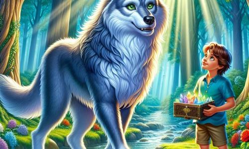 Un vârcolac majestuos, cu blană argintie strălucind sub lumina soarelui, stă în picioare pe marginea unui pârâu. Ochii săi strălucesc cu o blândețe binevoitoare, iar el zâmbește cu mândrie, arătându-și înălțimea și labele puternice, pregătite să sară. Lângă el, un băiat de 8 ani pe nume Andrei, cu părul castaniu și ochii strălucind de curiozitate, observă cu uimire scena. Poartă un tricou albastru și o pereche de șorturi, ținând în mână o cutie mică plină cu cristale colorate, admirând vârcolacul. Decorul este o pădure fermecată, cu copaci majestuoși și trunchiuri groase, împodobiți cu frunze verzi strălucitoare. Flori multicolore înfloresc în jur, iar razele soarelui pătrund prin frunziș, creând o atmosferă magică. Situația principală arată cum Andrei și vârcolacul se pregătesc să traverseze pârâul, cu vârcolacul gata să sară de cealaltă parte, în timp ce Andrei, cu un zâmbet de entuziasm, stă alături de el, pregătit să trăiască o nouă aventură împreună.
