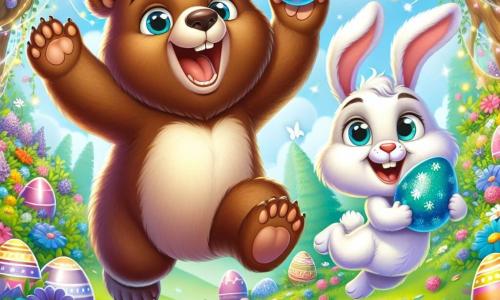 In un giardino incantato, un grande orso bruno di nome Bruno, con un pelo morbido e occhi scintillanti di eccitazione, salta di gioia scoprendo uova di Pasqua colorate. Accanto a lui, un piccolo coniglio bianco di nome Nino, con grandi orecchie e un sorriso radioso, tiene un uovo blu brillante, i suoi occhi brillano di entusiasmo. Il giardino è pieno di fiori vivaci, farfalle danzanti e uova di tutti i colori, creando un'atmosfera gioiosa e festosa. Bruno e Nino celebrano la loro vittoria dopo aver trovato le uova nascoste, circondati da decorazioni di Pasqua scintillanti, pronti a organizzare una grande festa.