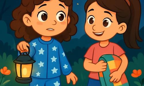 O fată de 10 ani, Sofia, are ochi mari și strălucitori și păr castaniu ondulat. Poartă un pijama albastru cu stele albe, iar fața ei exprimă curiozitate amestecată cu o ușoară teamă. Ține o mică lanternă care îi luminează calea, iluminându-i zâmbetul timid. Lângă ea, cea mai bună prietenă a ei, Maria, tot de 10 ani, are părul lung și drept, prins într-o coadă de cal. Poartă un tricou roz și o pereche de pantaloni scurți din denim. Maria o privește pe Sofia cu un zâmbet încurajator, ținând o pătură colorată în brațe. Scena se desfășoară într-o grădină nocturnă, unde luna strălucește intens, proiectând umbre blânde pe iarba verde. Flori colorate înfloresc în jurul lor, iar stelele strălucesc pe cerul întunecat, creând o atmosferă magică. Sofia și Maria explorează noaptea, descoperind frumusețea lumii din jurul lor, în timp ce își depășesc frica de întuneric. Cele două prietene înaintează curajos, pregătite să trăiască o aventură sub cerul înstelat.