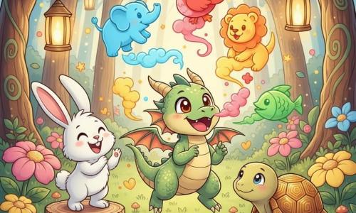 Un dragon mic, vesel și ștrengar, cu solzi verde deschis strălucitori, ochi rotunzi scânteietori, aripi mici translucide și coarne scurte, suflă nori de fum colorați în forme de animale, râzând și sărind pe picioarele din spate; un iepure alb numit Zâmbilici, blăniță pufoasă, urechi mari roz, zâmbind și aplaudând, stă în stânga pe o ciot de copac; o broască țestoasă timidă numită Râdăci, carapace lucioasă cu motive aurii și ochi blânzi, stă în dreapta privind cu uimire; scena are loc într-o pădure fermecată cu trunchiuri răsucite, frunze multicolore, o poiană ierburoasă cu flori uriașe și felinare suspendate ce emit o lumină caldă; situația principală: dragonul creează forme de fum colorat pentru a-i face pe ceilalți să râdă, atmosferă festivă, culori vii, expresii exagerate și trăsături moi în stil manga, compoziție centrată, perspectivă ușor în plasare de sus.