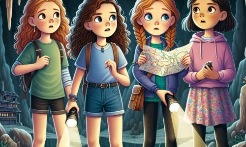 Vier jonge avonturiers van twaalf jaar staan voor de ingang van een mysterieuze grot. Emma, met bruin krullend haar, draagt een blauwe t-shirt en een spijkerbroek, en houdt een zaklamp vast die de duisternis verlicht. Rechts van haar kijkt Lotte, met gevlochten blond haar en een kleurrijke jurk, enthousiast naar de kaart die ze vasthoudt. Links staat Sophie, met rood krullend haar, in een groene t-shirt en zwarte leggings, nieuwsgierig naar de stalactieten die van het plafond hangen. Ten slotte staat Noa, met glad kastanjebruin haar en een roze hoodie, iets naar achteren met een nerveuze glimlach, klaar om het onbekende binnen te gaan. De grot is donker en mysterieus, met ruwe stenen muren, glinsterende stalactieten en dansende schaduwen van de zaklamp. Oude symbolen zijn in de muren gegraveerd, wat een vleugje mysterie aan de sfeer toevoegt. De vier meisjes bereiden zich voor om de grot te verkennen, hun harten kloppen van opwinding en angst terwijl ze de verborgen geheimen binnenin willen ontdekken.
