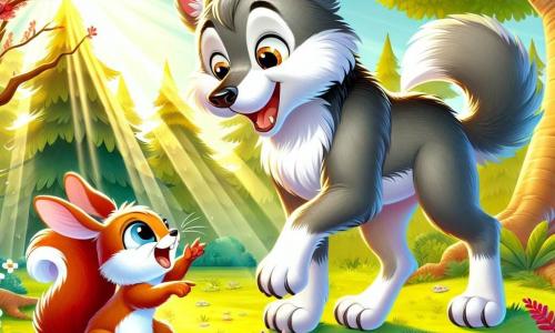An illustration depicts a young wolf with gray fur and curious sparkling eyes, standing on its hind legs with a big smile, marveling at a small bird's nest hidden under a bush. Next to it, a red-furred squirrel with a bushy tail jumps with joy, excitedly pointing at the nest. A small rabbit with large white ears sits on the grass, looking at the nest in wonder, its front paws raised. The setting is a spring forest bathed in golden light, with vibrant green leaves and colorful flowers emerging from the ground. Sun rays filter through the branches, creating a play of shadows and light on the ground. The main scene shows young animals discovering the wonders of spring, captivated by the beauty of nature around them. Other graphic elements include blooming flowers, singing birds in the trees, and a blue sky dotted with fluffy white clouds, adding a joyful and lively atmosphere to the scene.