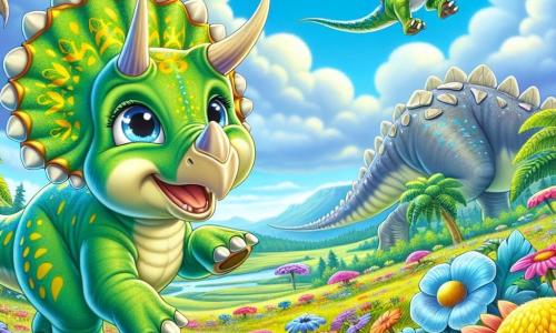 A cheerful triceratops named Trixie, with bright eyes and green scales adorned with yellow patterns, stands at the center of the image, hopping joyfully in a field of giant, vividly colored flowers. Beside her, a small velociraptor named Velo, with bright blue feathers and a mischievous smile, runs around her, his agile legs brushing against the petals. In the background, a large stegosaurus named Stella, with shiny plates and a gentle expression, watches the duo with a caring gaze, while a pteranodon named Petra soars in the sky, her wings spread wide, adding a touch of magic to the scene. The setting is a vast prehistoric plain, dotted with giant ferns and vibrant flowers, under a clear blue sky with fluffy clouds floating peacefully. The main scene shows Trixie and her friends playing together, laughing and having fun in this enchanting setting, symbolizing friendship and adventure.