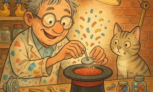 A smiling, focused man, Mr. Milo, round-faced with wrinkled safety goggles and messy light-gray hair, wearing a paint-stained smock, delicately holds a small silver disk (the Spinner) above a padded fabric top hat on a workbench; his expression is joyful and mischievous, with fine, precise hands. A cat named Pickle, beige-gray tabby with wide curious eyes and a confetti crumb on its whisker, sits at the right rear of the bench watching like an attentive assistant. On the bench are brass tools, shiny screws, jars of colorful buttons, springs, a can of glue, a small glitter fan blowing confetti, an open notebook with sketched doodles and a spilled lemon tea. The warm, cluttered workshop has wooden shelves of jars, rubber ducks wearing hats, boxes labeled VERY IMPORTANT, a yellowish adjustable lamp casting soft light, plank floor and red brick wall. Main moment: attaching the sparkling disk to the hat with a light swirl of confetti, a funny, comforting atmosphere of discovery and tinkering.