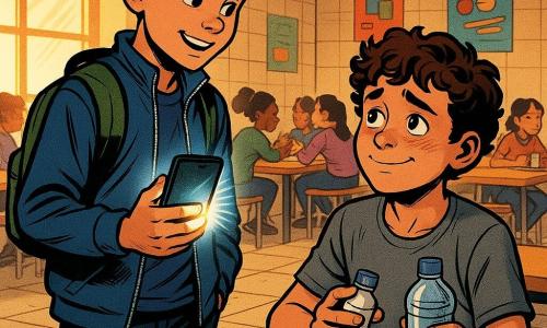 Two boys, about 11: Miles—short brown hair, fair skin, blue jacket, green backpack, standing left with a protective look and a phone like a small glowing box, confident but gentle; Leo—curly light-brown hair, slightly tanned, gray T‑shirt, backpack on the table, sitting right holding a small white pillbox and a clear water bottle, relieved and a bit shy after taking his medicine. Bright school cafeteria with light wood tables, a large window casting orange light, colorful posters and worn beige tiled floor, blurred students and low murmur in the background. Midday scene of quiet, warm support between the boys, saturated colors and crisp outlines in an American comic style.