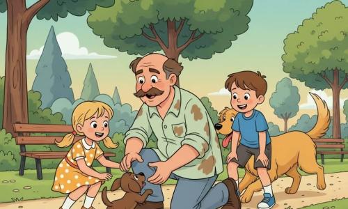 A smiling, determined veterinarian in his fifties with a thick mustache and a light green, slightly mud-stained coat kneels, gently reaching for a small brown puppy; his expression is warm and reassuring with calm, precise movements. To his left, an 8-year-old girl (Lily) with blonde pigtails in a yellow polka-dot dress crouches, eyes wide, reaching to pet the puppy. To his right, an 8-year-old boy (Max) with short brown hair and a blue T-shirt stands leaning forward with hands on his knees, excited and attentive. A large golden retriever (Buddy) with a golden coat, tongue out and plume-like tail, runs slightly behind to help guide the puppy. The late-afternoon park setting shows vibrant green grass, stylized trees, a light gravel path, a few wooden benches and red and white flowers in the foreground. The rescue scene centers on the vet touching the frightened-but-trusting puppy, with dynamic movement, kicked-up dust, clear expressions of relief and joy, and warm, contrasting colors.
