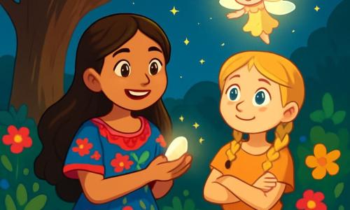 Há 2 personagens principais: Amina, uma menina de 12 anos com longos cabelos castanhos e olhos brilhantes, vestindo um vestido tradicional colorido com padrões florais, sorrindo à esquerda e segurando uma pequena pedra brilhante; e Sofia, também de 12 anos, com cabelos loiros e tranças, usando uma blusa leve e calças coloridas, à direita de Amina, com os braços cruzados e um olhar maravilhado. A cena acontece em um jardim encantador iluminado pela suave luz da lua, cercado por flores vibrantes e uma grande árvore majestosa atrás delas. O céu está salpicado de estrelas cintilantes, adicionando um toque mágico. A situação mostra Amina e Sofia descobrindo sua missão mágica com Laila, a pequena fada luminosa que flutua acima delas, prontas para uma aventura inesquecível sob a luz das estrelas.