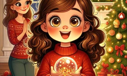 Uma menina de 6 anos, Clara, com cabelos castanhos cacheados e olhos brilhantes de curiosidade, está em frente a uma linda árvore de Natal decorada, segurando uma bola de vidro brilhante nas mãos. Ela exibe um grande sorriso maravilhado, com as bochechas rosadas de excitação. Ao lado dela, sua mãe, uma mulher de cerca de 30 anos com cabelos longos e lisos, usando um suéter vermelho festivo, a observa com ternura, com os braços cruzados e um sorriso caloroso no rosto. O ambiente é uma sala de estar acolhedora, cheia de decorações de Natal cintilantes, com luzes adornando as janelas e um tapete macio no chão. Uma suave luz dourada emana da lareira, criando uma atmosfera mágica. A cena principal mostra Clara, maravilhada com a bola de vidro que brilha intensamente, enquanto descobre um mundo mágico dentro dela, pronta para viver uma aventura de Natal inesquecível.