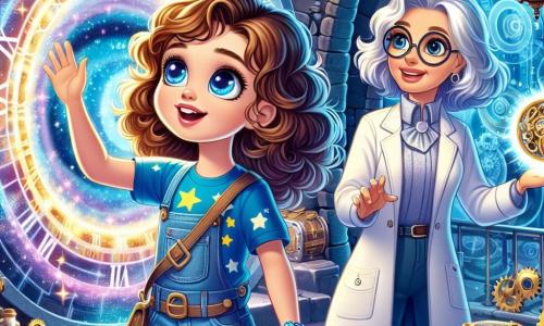 Clara, uma menina de 12 anos, tem grandes olhos brilhantes de curiosidade e cabelos castanhos cacheados que caem sobre os ombros. Ela usa uma camiseta azul com estrelas e um jeans, olhando maravilhada para um portal luminoso que se abre diante dela, com as mãos levantadas em sinal de excitação. Dra. Aurora, uma mulher de cerca de 40 anos com cabelos prateados e um sorriso caloroso, está ao lado de Clara. Ela usa um jaleco branco e óculos redondos, mostrando um holograma de um relógio antigo flutuando à sua frente. A cena acontece em uma sala secreta sob um velho relógio, com paredes de pedra e hologramas coloridos projetando imagens de invenções históricas. Engrenagens douradas e livros antigos estão espalhados ao redor, criando uma atmosfera mágica e misteriosa. Clara e Dra. Aurora estão diante de um portal cintilante, prontas para embarcar em uma viagem no tempo, cheias de expectativa e aventura.