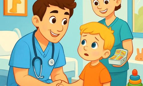 A smiling and warm male doctor, Dr. Ben, wears a blue coat. His slightly tousled brown hair and kind eyes convey compassion. He is crouching down, holding the hand of a 6-year-old boy with blonde hair and curious eyes. The boy looks at Dr. Ben with an expression of hesitation but also hope. Next to them, a nurse, Nurse Lila, in her thirties with brown hair in a bun, smiles while holding a small box of colorful band-aids. She stands slightly back, ready to assist. The scene takes place in a bright hospital room with light blue walls and animal drawings. Colorful toys are scattered on a wooden table, and a large window lets in sunlight, illuminating the room. In this main situation, Dr. Ben reassures the boy before a shot, gently explaining what will happen, while Nurse Lila is ready to offer decorated band-aids to make the moment less frightening.