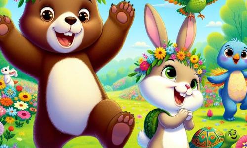 Un pequeño oso marrón llamado Bruno, con un pelaje suave y ojos brillantes de alegría, salta de felicidad en un campo de flores coloridas, con los brazos abiertos hacia el cielo. A su lado, una liebre de grandes orejas llamada Lila, con pelaje beige y ojos traviesos, baila haciendo piruetas, su rostro radiante de felicidad. Al fondo, un pajarito azul llamado Miguel, posado en una rama, canta alegremente, sus plumas brillantes reluciendo al sol, mientras una tortuga verde llamada Tula, con un caparazón decorado con motivos florales, sonríe suavemente recogiendo flores del suelo. El lugar es un hermoso bosque primaveral, lleno de árboles con hojas verdes brillantes, flores multicolores y un cielo azul claro salpicado de nubes blancas y esponjosas. La escena principal muestra a Bruno y sus amigos preparando el Festival de las Flores, rodeados de guirnaldas de flores que han hecho, con risas y sonrisas iluminando sus rostros.