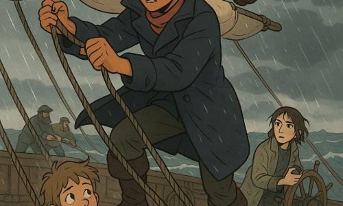 The main character is Captain Mara, about 28, brown hair in a tight braid, tanned skin, wearing a dark navy sea coat and a red scarf; she hangs from the lower yard fastening a reef on the sail with a determined, furrowed expression. A secondary character is Nibs, about 12, round-faced and anxious but brave, messy hair, holding a rope on the deck below and watching the captain, trying to imitate her. Another secondary is Juniper, about 18, rain-soaked hair and a salt-stained jacket, leaning on the helm mid-deck, watching the horizon with a small compass in hand. In the background two blurred sailors pull on halyards against the wind. The scene is on an old wooden ship with wet deck, thick rigging and iron bitts, partially furled sails, rough grey sea with white foam and a dramatic sky of dark clouds and slanting rain; the moment captures the captain quickly reefing the mainsail amid strong wind, taut ropes, splashing spray, tension and courage.