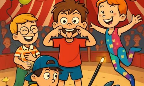 Er zijn 4 personages: - Jurre: Een 10-jarig jongen met rommelig bruin haar en een grote glimlach. Hij draagt een rood T-shirt en een blauwe short. Jurre maakt een grappige grimasse, staande in het midden van de afbeelding. - Milan: Een 10-jarig jongen met blond haar en ronde bril. Hij draagt een gestreepte shirt en groene broek. Milan staat iets naar achteren, lacht en houdt zijn buik vast. - Sam: Een 10-jarig jongen met zwart haar en een achterstevoren pet. Hij draagt een gele T-shirt en jeans. Sam is gehurkt en houdt een grote toverstok vast, klaar om een truc te doen. - Fien: Een 9-jarig meisje met een rode paardenstaart en sproeten. Ze draagt een kleurrijke acrobatenoutfit met glitters. Fien springt gracieus met een grote glimlach naast Jurre. De situatie speelt zich af in een grote circustent met heldere rode en witte strepen. Binnen verlichten fonkelende lichten het podium en enthousiaste toeschouwers vullen de houten banken. Kleurrijke ballonnen zweven in de lucht en de geur van popcorn en suikerspin mengt zich met de opwindende sfeer. De hoofdactie van het verhaal toont de vier vrienden die hun eerste circusvoorstelling doen. Jurre maakt een grappige grimasse, Milan lacht hard, Sam probeert een konijn tevoorschijn te toveren met zijn toverstok, terwijl Fien een acrobatische sprong maakt. De sfeer is vrolijk en vol gelach, wat de geest van het circus vangt.