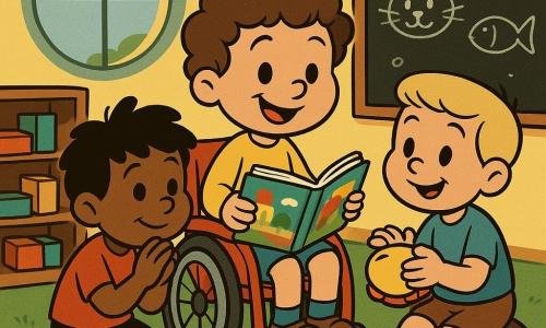 Drei Kinder: Max, ca. 5 Jahre, braune lockige Haare, helle Haut, sitzt in kleinem glänzend roten Rollstuhl links-mittig, lächelt und hält ein buntes Buch auf dem Schoß; Ben, ca. 5 Jahre, kurze blonde Haare, sitzt rechts von Max, tippt sanft auf eine kleine gelbe Tamburin und schaut bewundernd; Leo, ca. 5 Jahre, zerzauste schwarze Haare, dunklere Haut, hockt vorne links, Hände gefaltet, staunender Blick, als stelle er sich die Geschichte vor. Ort: sonniger Kindergartenraum mit großen runden Fenstern, blassgelben Wänden, grünem Teppich, niedrigen Holzregalen mit bunten Bauklötzen und einer Kreidetafel mit Tierzeichnungen. Szene: Max erzählt im Kreis; die drei sitzen nah beieinander, konzentriert und fröhlich, mit sanften Ausdrücken und ruhigen Gesten, warme Atmosphäre, kräftige Farben, weiche Schatten, Retro-Cartoon‑„rubber hose“-Stil mit runden fließenden Linien, einfachen Texturen und klaren Kontrasten.