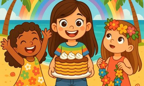 Hay 3 personajes: - Sofía: una niña de 8 años, con cabello largo castaño y ojos brillantes. Lleva una camiseta colorida y un short de mezclilla. Está en el centro, sonriendo, sosteniendo una gran tarta de galletas decorada con crema. - Valeria: una niña de 8 años, con cabello rizado y un vestido de flores. Está a la izquierda de Sofía, levantando los brazos, llena de energía y con una sonrisa radiante. - Luna: una niña de 8 años, con cabello liso y una corona de flores en la cabeza. Está a la derecha de Sofía, sosteniendo una guirnalda de flores exóticas, mirando al cielo con asombro. El lugar es una playa tropical, con arena dorada y palmeras moviéndose con la brisa. Al fondo, hay un océano turquesa brillante bajo el sol y un arcoíris que se extiende sobre la escena. La situación principal muestra a las tres amigas celebrando el cumpleaños de Sofía, rodeadas de decoraciones coloridas de flores y conchitas. Bailan alegremente, riendo y disfrutando, mientras amigos y familiares las observan con felicidad.