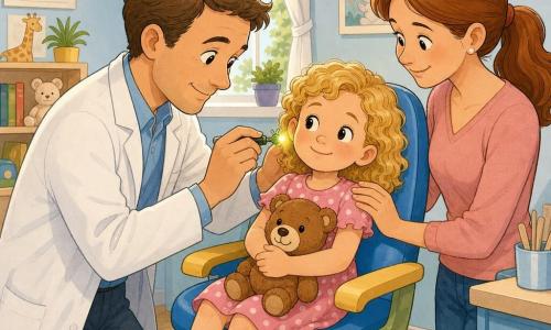 Un médico hombre sonriente y amable, cabello castaño corto y bata blanca ligeramente arrugada, sostiene una pequeña lámpara verde brillante como una luciérnaga y mira con ternura el oído de una niña; el médico muestra expresión calmada y tranquilizadora, inclinado hacia adelante con manos delicadas. La paciente, Ana, de unos 5 años, con cabello rubio rizado y vestido rosa de lunares, está sentada en una silla médica colorida abrazando un osito de peluche. La madre, mujer de unos 30 años con coleta castaña, está de pie junto a la silla sonriendo y con la mano en el hombro de la niña. La consulta es una sala pediátrica pequeña y luminosa, paredes azul pastel con pósteres de animales, ventana abierta con cortina blanca, estantería con juguetes y plantas, iluminación cálida y suelo de parquet claro; la escena transmite una atmósfera segura, protectora y acogedora.